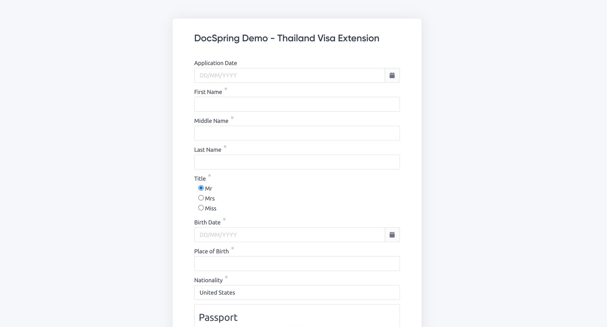 A hosted DocSpring web form generated from a PDF template